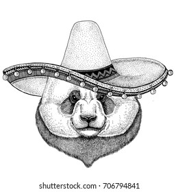 Panda Bamboo bear wearing sombero Vector illustration Old classic vintage style illustration for t-shirt, poster, banner, embem, badge, tattoo, zoo