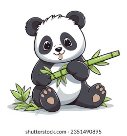 Panda with bamboo branch cartoon illustration logo, symbol, vector illustration template isolated on white background