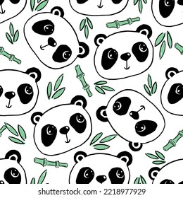 Panda and bamboo branch seamless pattern. Cute pandas animals wild bamboo forest bear, baby panda. Child room interior wallpaper, gift wrapping or pandas fabric vector illustration