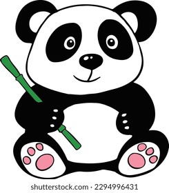 Ilustración de vectores de dibujos animados de panda y bambú para niños.Panda de bebé lindo sosteniendo un arte de bambú.Vector aislado en fondo blanco. 