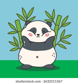 panda, bamboo, cute, design, illustration, smile, cartoon, kawaii, animal, green, blue, forest, chubby, joy, funny, pose, happy, nature, leaf, asia, pet, art