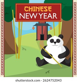 Panda in bamboo forest scene. Vector illustration
