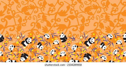 Panda Bamboo Frame Border Seamless Pattern. Vector illustration. Great for birthday, party, gift wrapping, wallpaper, textile and scrapbook 