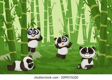 Panda in bamboo garden. Cartoon happy zoo bear character in green forest. Funny Chinese animal mascot with cute emotion expressions. Asian creature sleeping in woodland. Vector background svg