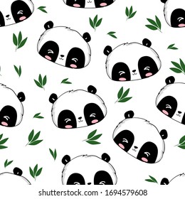 Panda and bamboo leaves background. Fabric with painted cute bear. Children's textile design. Vector illustration. Pattern seamless.