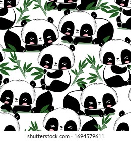 Panda and bamboo leaves background. Fabric with painted cute bear. Children's textile design. Vector illustration. Pattern seamless.