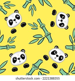 Panda and bamboo leaves on yellow background. Fabric with painted cute bear. Children's textile design. Vector illustration. Pattern seamless.