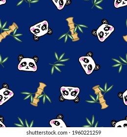 Panda, Bambus und Laubmuster auf blauem Hintergrund