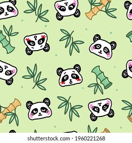 Panda, bamboo and leaves pattern on light green background