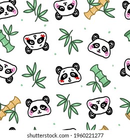 Panda, bamboo and leaves pattern on white background