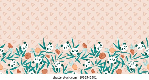 Panda Bamboo Lemon Orange Triangle Frame Border Seamless Pattern. Vector illustration. Great for birthday, party, gift wrapping, wallpaper, textile and scrapbook 