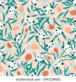 Panda Bamboo Lemon Orange Triangle Seamless Pattern. Ilustración vectorial. Ideal para cumpleaños, fiesta, envoltura de regalo, papel pintado, textil y libro de recortes 