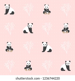 Panda and bamboo seamless pattern with. Hand draw vector illustration