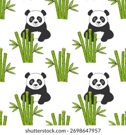 Panda and bamboo shoots, cute pattern with animals and plants on white background.