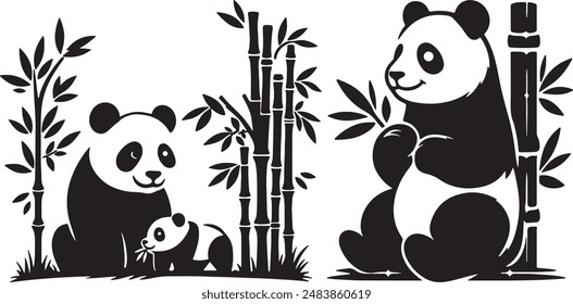 Panda Bamboo silhouette vector illutration with white background.