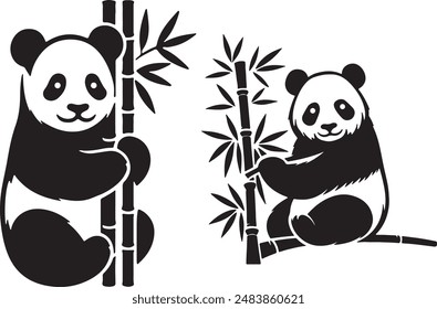 Panda Bamboo silhouette vector illutration with white background.