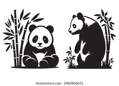 Panda Bamboo silhouette vector illutration with white background.