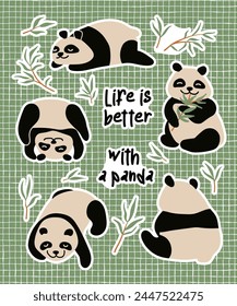 juego de pegatinas de panda y bambú. Ilustración vectorial plana de dibujos animados