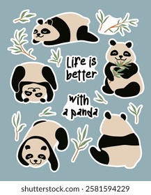 panda and bamboo sticker set. Flat, cartoon vector illustration