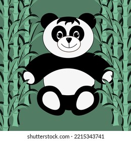 Panda in the bamboo thickets on green background. Chinese bear on bamboo jungle. 