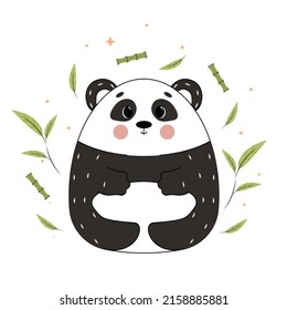 panda with bamboo, Vector illustration of panda, panda in flat style with contours, panda isolated on a white background, Asian animals