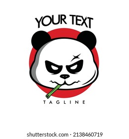 Panda bandit eating bamboo with an angry expression on a red circle background behind it.