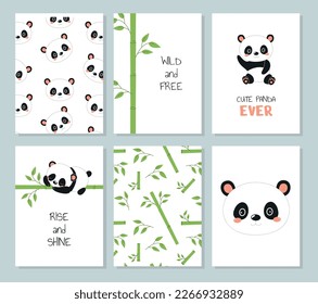 Panda banner set. Collection of graphic elements for website. Asian flora and fauna, bamboo and animal. Brochure and greeting postcard. Cartoon flat vector illustrations isolated on white background