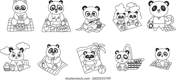 A Panda Beach Picnic Cute pandas enjoy beach picnic with snacks and blankets, creating joyful scene