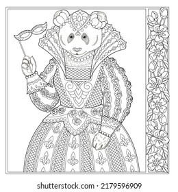 Panda bear animal portrait. Fairytale design, coloring book page for adults and kids
