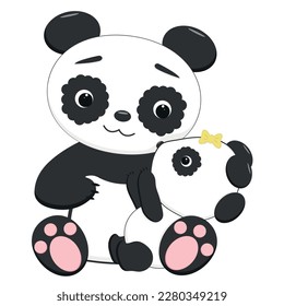  A panda bear with a baby panda sits on a white background.