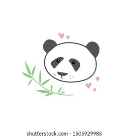 A panda bear with a bamboo branch and hearts