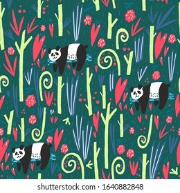 Panda bear, bamboo branches, hearts and fruits vector flat illustration. Element of seamless pattern