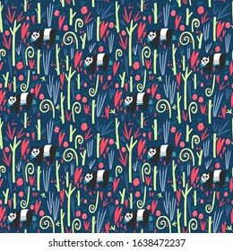 Panda bear, bamboo branches, leaves, fruits and hearts vector flat illustration. Element of seamless pattern