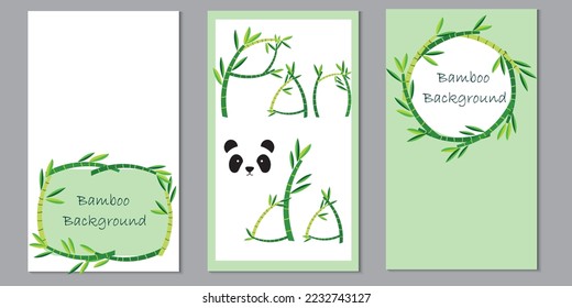 A panda bear bamboo forest frame. Bamboo tree leaf, plant stem and stick. Bamboo green and brown decoration elements in flat style.