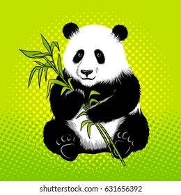 Panda bear with bamboo plant pop art retro vector illustration. Comic book style imitation.