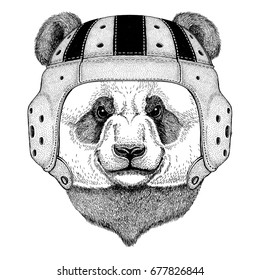 Panda bear, bamboo bear Wild animal wearing rugby helmet Sport illustration