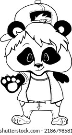 Panda-Bär auf Schwarz-Weiß, mit Hose, Hemd und Mütze.