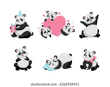 Panda Bear with Black-and-white Coat and Rotund Body Vector Set