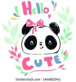 Panda bear and bow sketch. Vector illustration. Design print for t-shirt.  Hand drawn Bear and color letters.