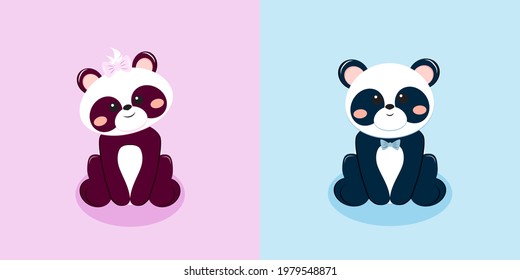 Panda bear boy and girl over white. Vector illustration of baby boy arrival announcement card or greeting card concept.