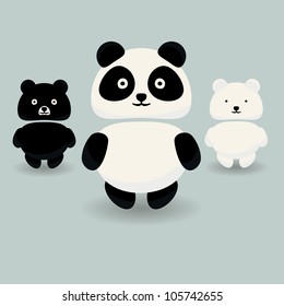 Panda bear, brown bear and polar bear isolated icons on blue background, vector illustration