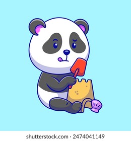 Panda Bear Building A Sand Castle Vector Icon Illustration. Cute Animal Summer Activities. Suitable for any creative project.