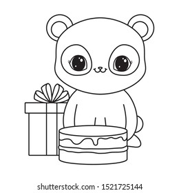 panda bear with cake of birthday and gift box vector illustration design