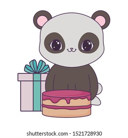 panda bear with cake of birthday and gift box vector illustration design