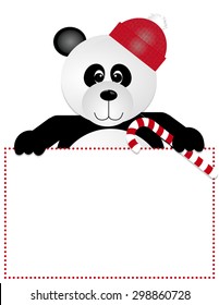 Panda Bear with Candy Cane Peeking Over Blank Sign/Frame