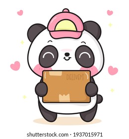 Panda bear cartoon holding delivery box: Kawaii animal zoo vector (girly doodle). Illustration on isolated white background. Perfect Nursery children, kids, greeting card, baby shower girl, fabric.