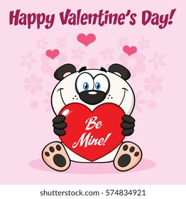 Panda Bear Cartoon Mascot Character Holding A Heart With Text Be Mine Vector. Illustration Greeting Card With Flowers Background And Text Happy Valentine Day
