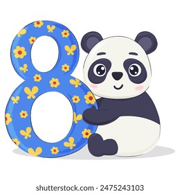 Panda bear character with number eight. Child eighth birthday postcard, party invitation design elements