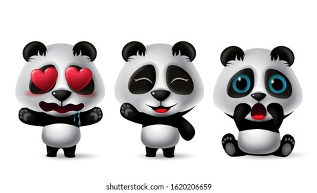 Panda bear character vector set. Pandas animal character in crying, happy, surprise, standing, sitting and in love facial expressions isolated in white background. Vector illustration.   