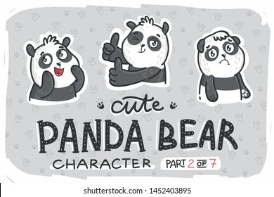 Panda Bear characters collection with emotions: happy with smile, thumbs up, like sign, sad, unhappy. Hand drawn doodle illustration for web, stickers, emoji, emoticons.